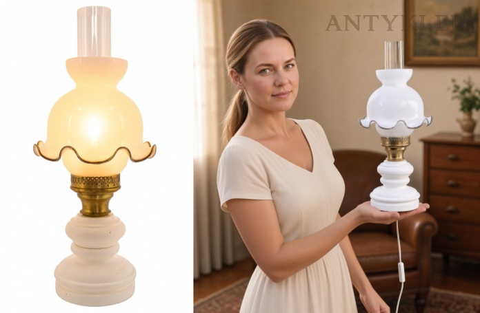 biała nostalgiczna lampa stołowa vintage prezentowana w klasycznym wnętrzu